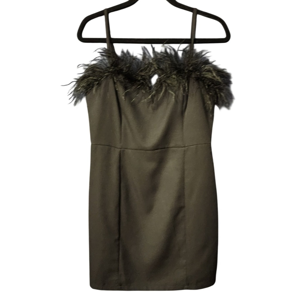 Emory Park Womens Sleek Mini Party Dress Black Ostrich Feather Trim Bodycon L